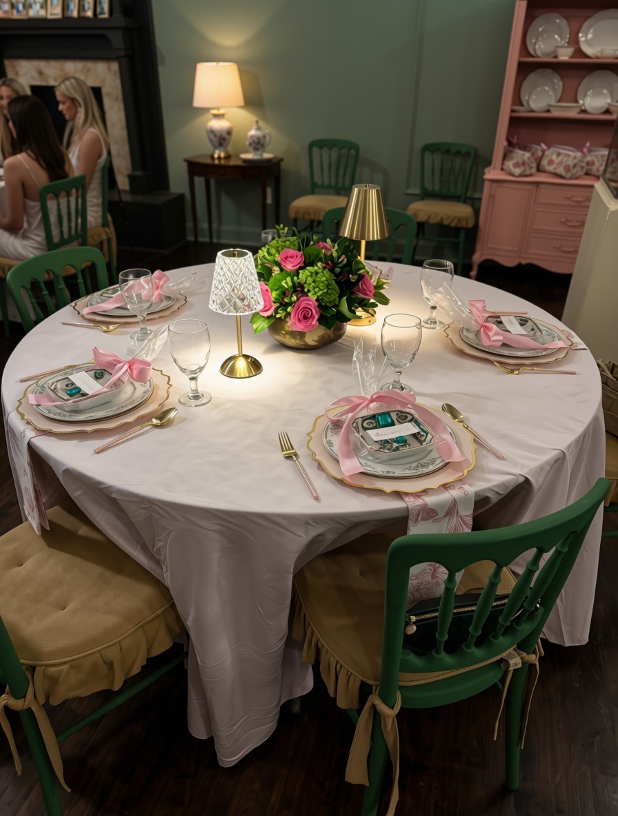 A round table in the tea room, set with pink linen, flowers and green chairs
